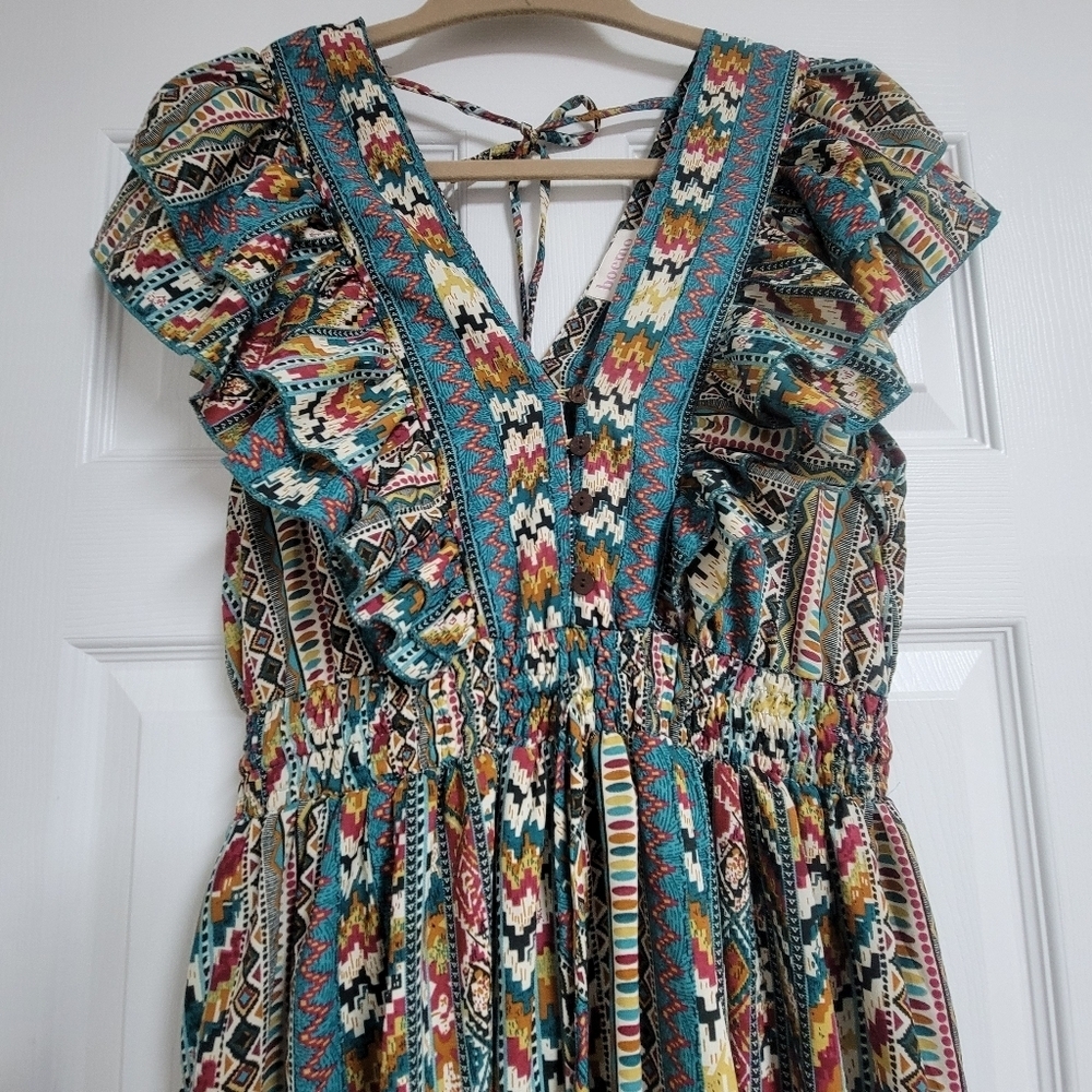 Antropologie Boemo Aztec Soutwestern Ruffle Short Skeeve Boho Mini Dress. - Picture 4 of 7
